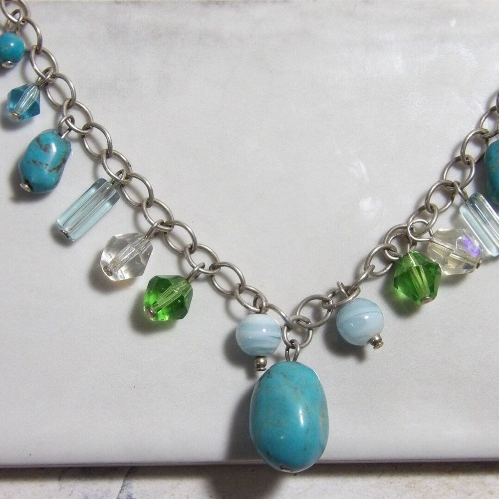 18 inch Sterling Silver 925 Necklace with Turquoise, cane glass & Blue Agate